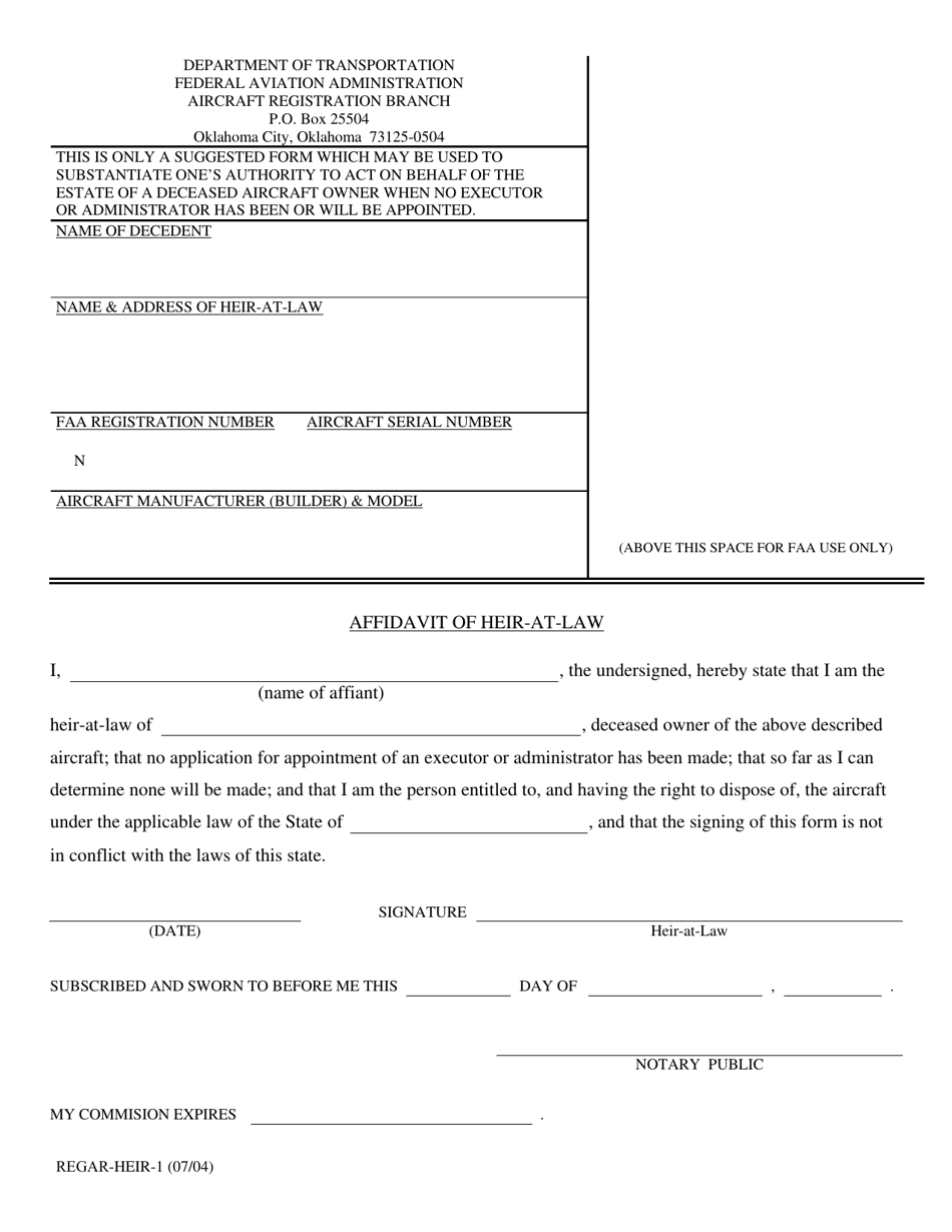 Form REGAR-HEIR-1 Affidavit of Heir-At-Law, Page 1