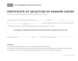 Document preview: GPO Form 917 Certificate of Selection of Random Copies