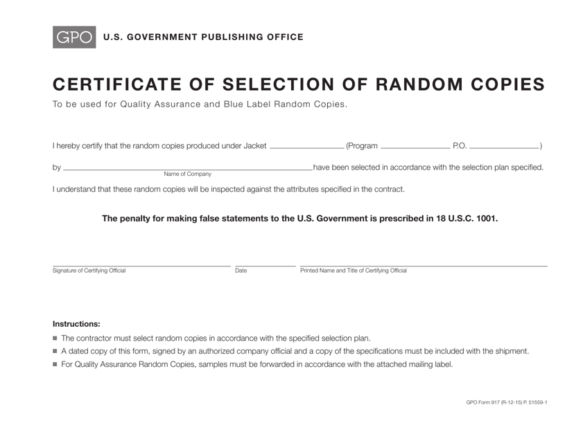GPO Form 917 Certificate of Selection of Random Copies