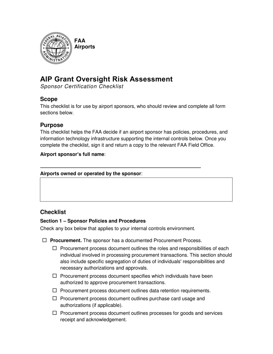 Aip Grant Oversight Risk Assessment Sponsor Certification Checklist, Page 1