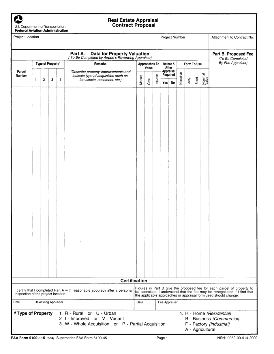 FAA Form 5100-115 Real Estate Appraisal Contract Proposal, Page 1