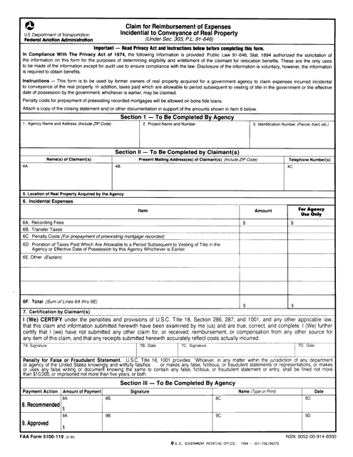 FAA Form 5100-119 Claim for Reimbursement of Expenses Incidential to Conveyance of Real Property