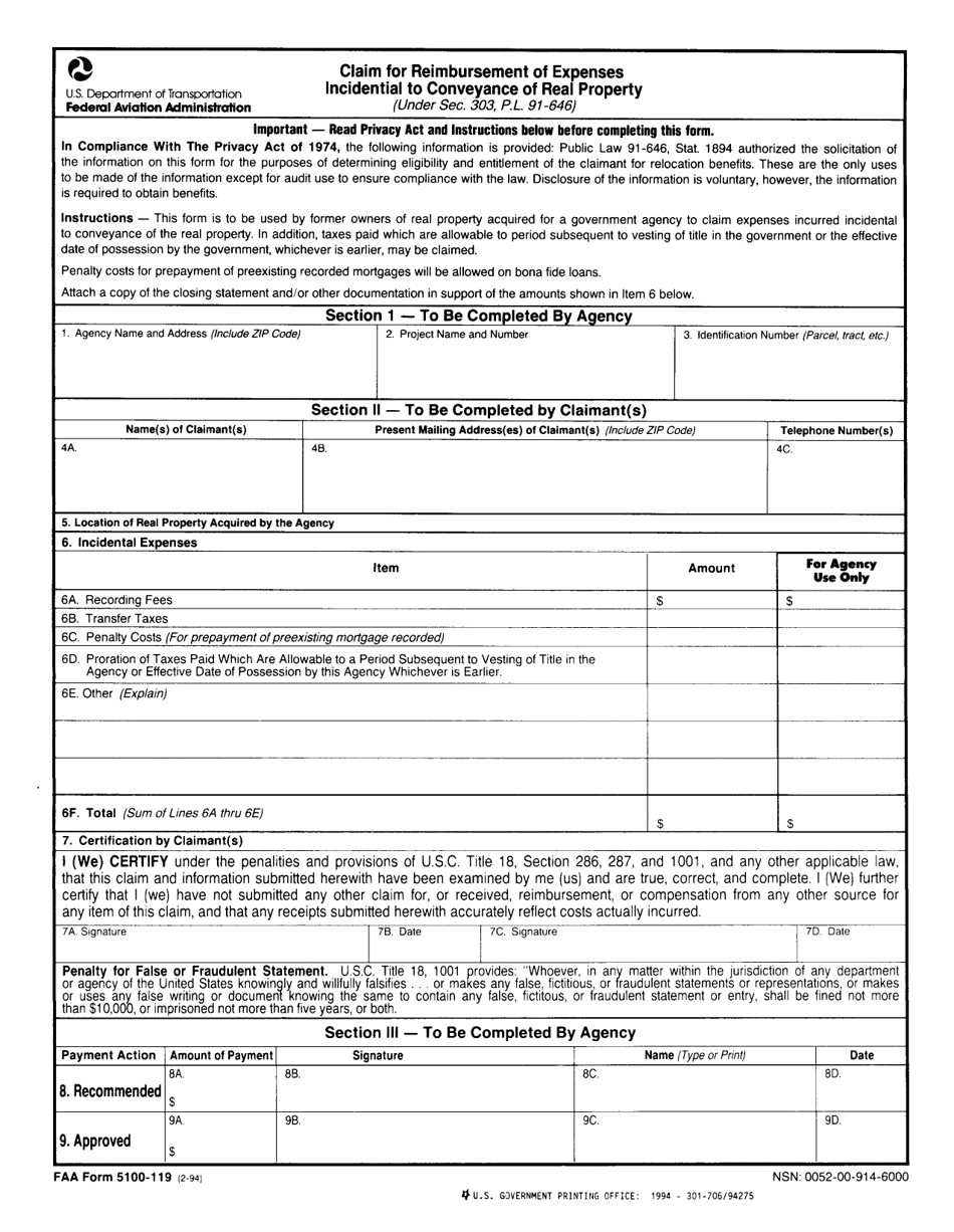 FAA Form 5100-119 Claim for Reimbursement of Expenses Incidential to Conveyance of Real Property, Page 1