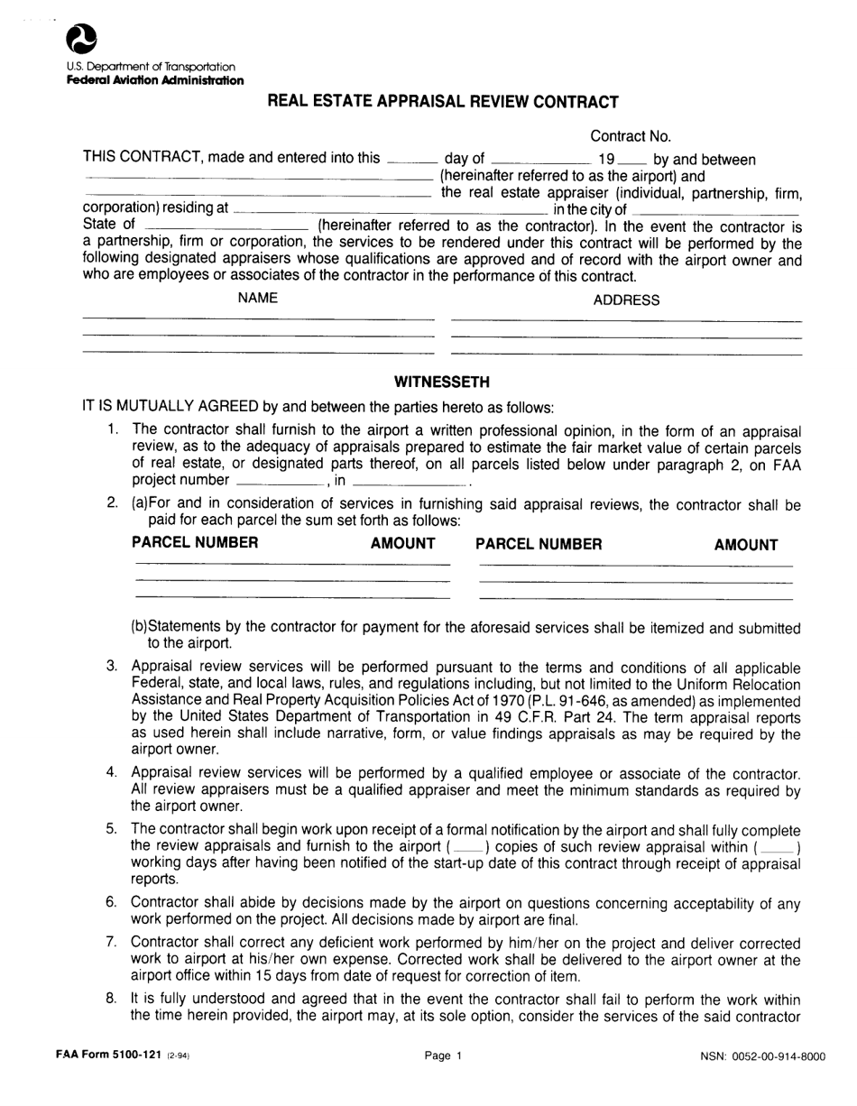 FAA Form 5100-121 Real Estate Appraisal Review Contract, Page 1