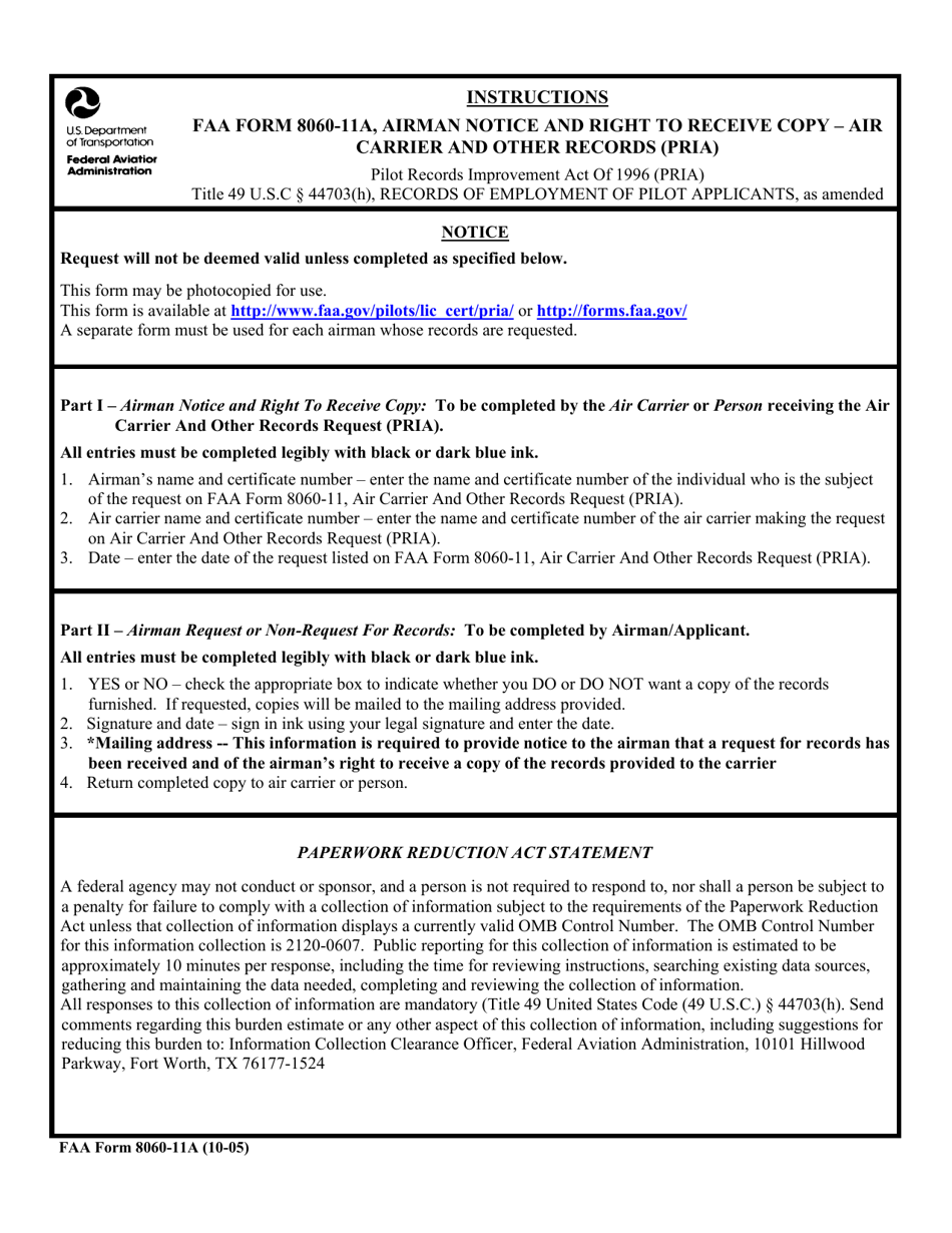 FAA Form 8060-11A Airman Notice and Right to Receive Copy - Air Carrier and Other Records (Pria), Page 1