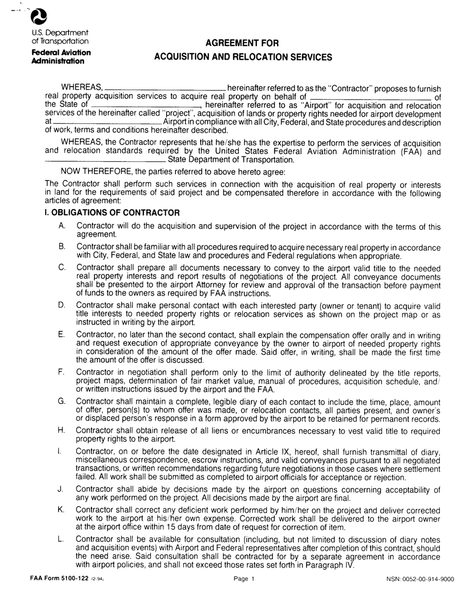 FAA Form 5100-122 Agreement for Acquisition and Relocation Services, Page 1