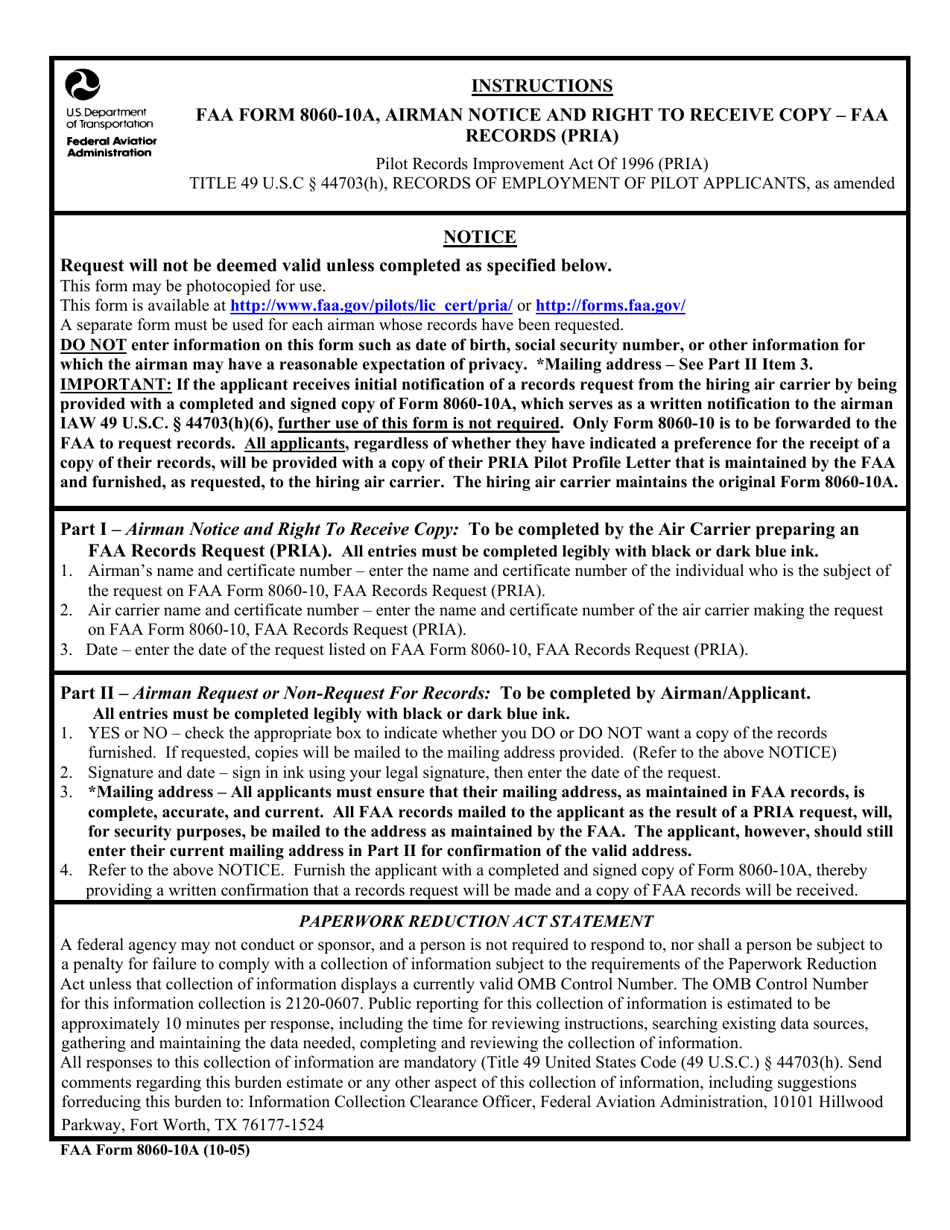 FAA Form 8060-10A Airman Notice and Right to Receive Copy - FAA Records (Pria), Page 1