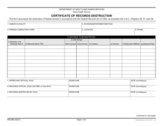 Form IHS-969 Certificate of Records Destruction