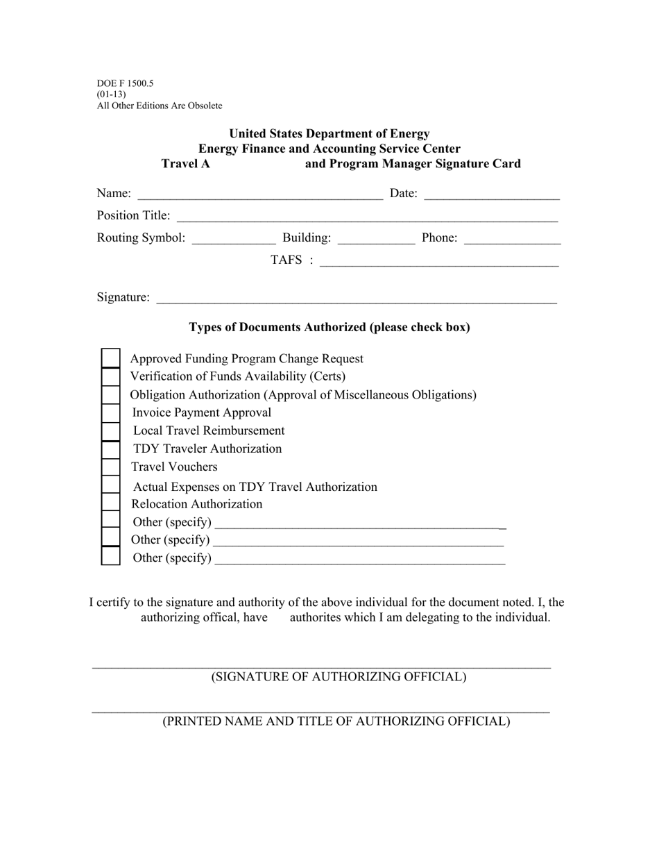 DOE Form 1500.5 Travel Approving Official and Program Manager Signature Card, Page 1