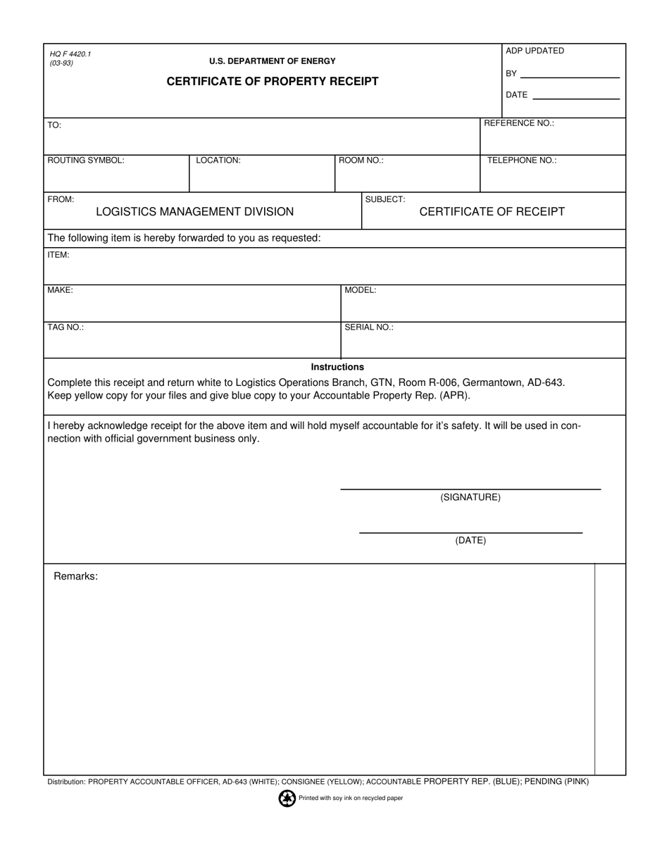 DOE HQ Form 4420.1 Certificate of Property Receipt, Page 1