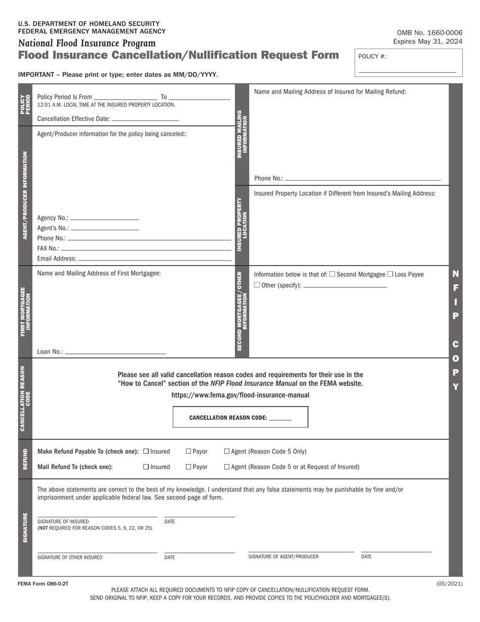 FEMA Form 086-0-2T Flood Insurance Cancellation/Nullification Request Form - Legacy Rating Plan, Page 1
