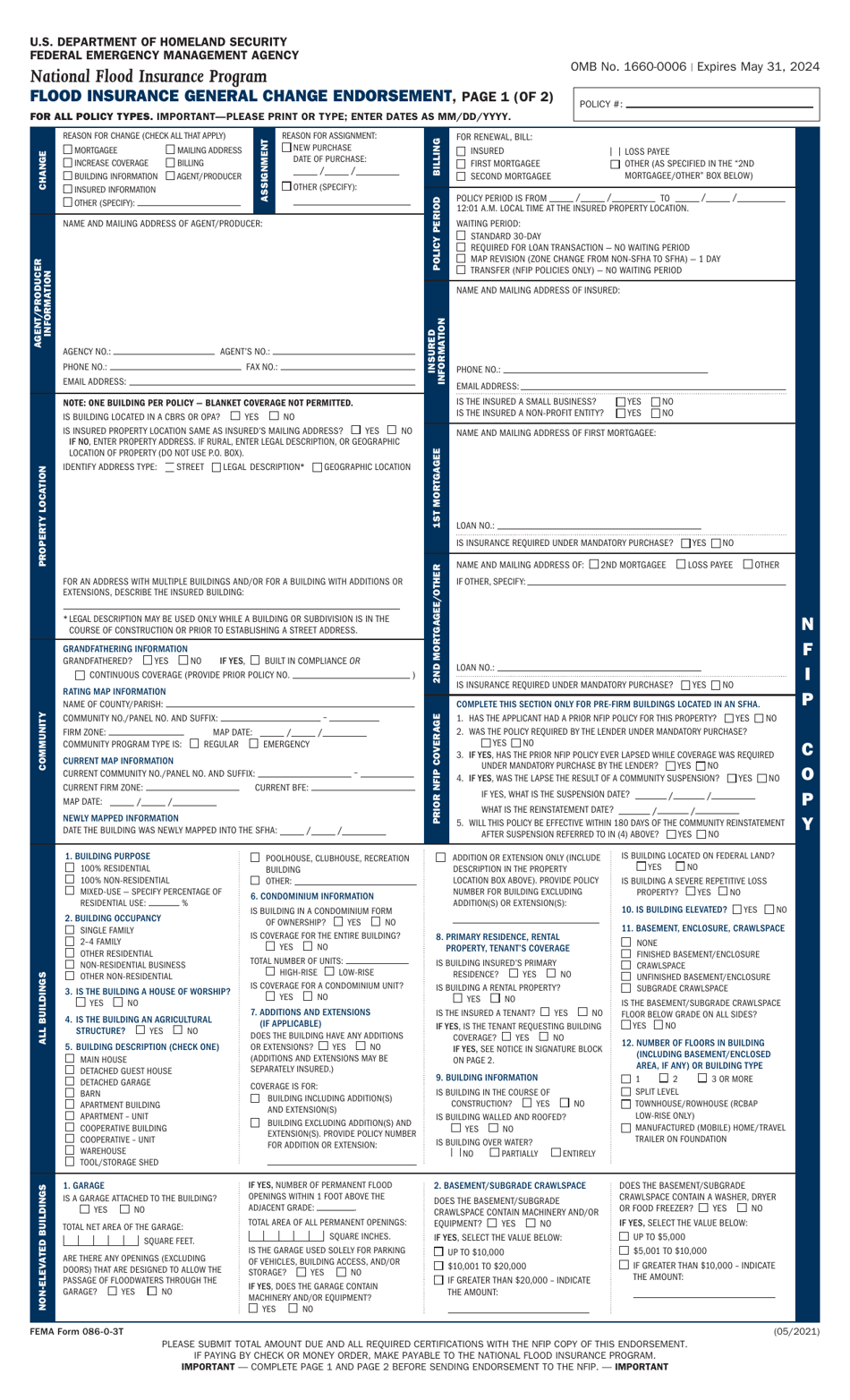 FEMA Form 086-0-3T Flood Insurance General Change Endorsement - Legacy Rating Plan, Page 1