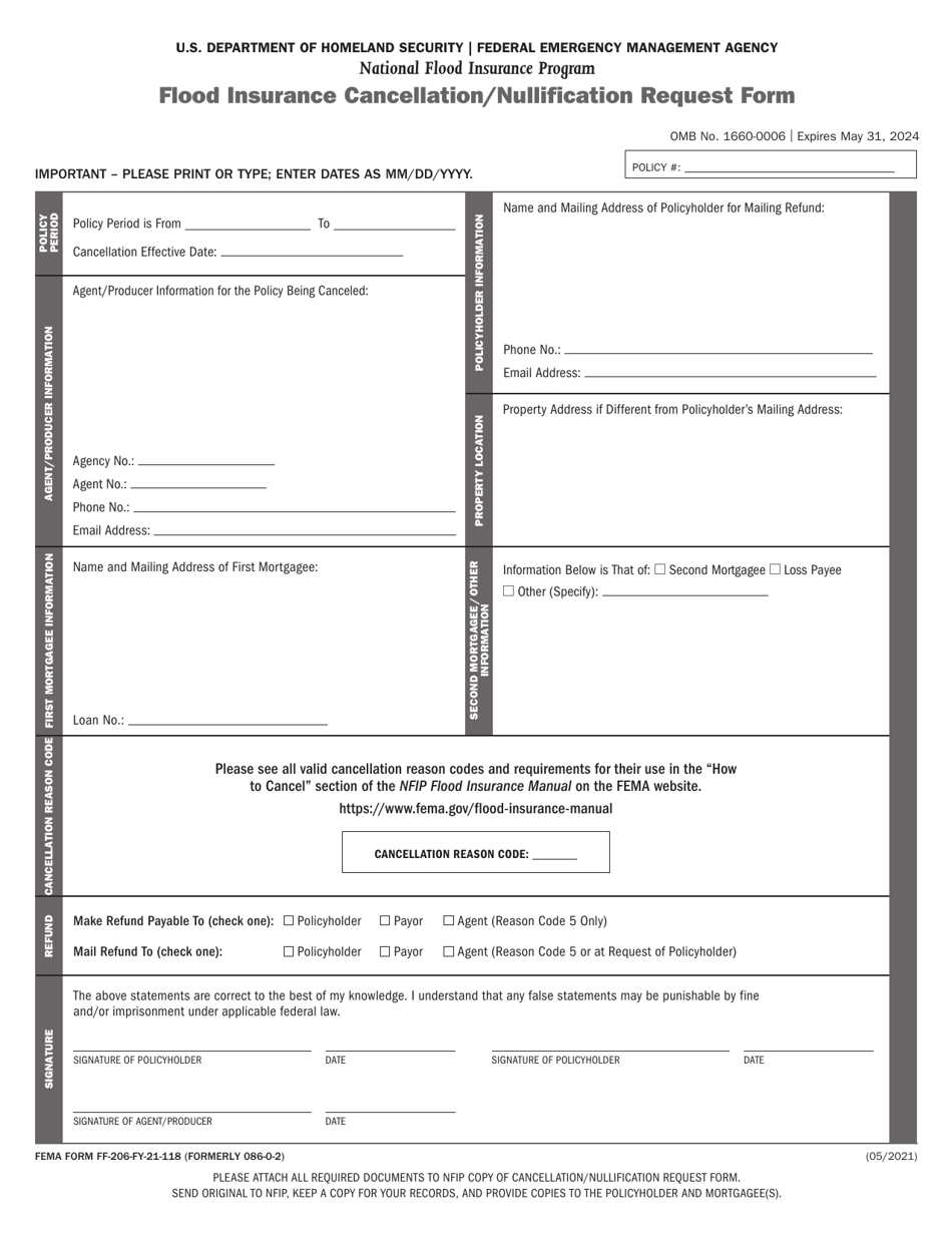 FEMA Form FF-206-FY-21-118 Nfip Flood Insurance Cancellation/Nullification Request Form - Risk Rating 2.0 Pricing Methodology, Page 1
