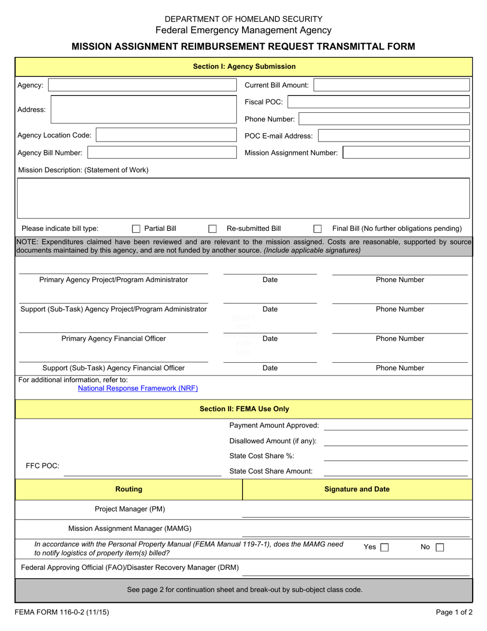 FEMA Form 116-0-2 Mission Assignment Reimbursement Request Transmittal Form, Page 1