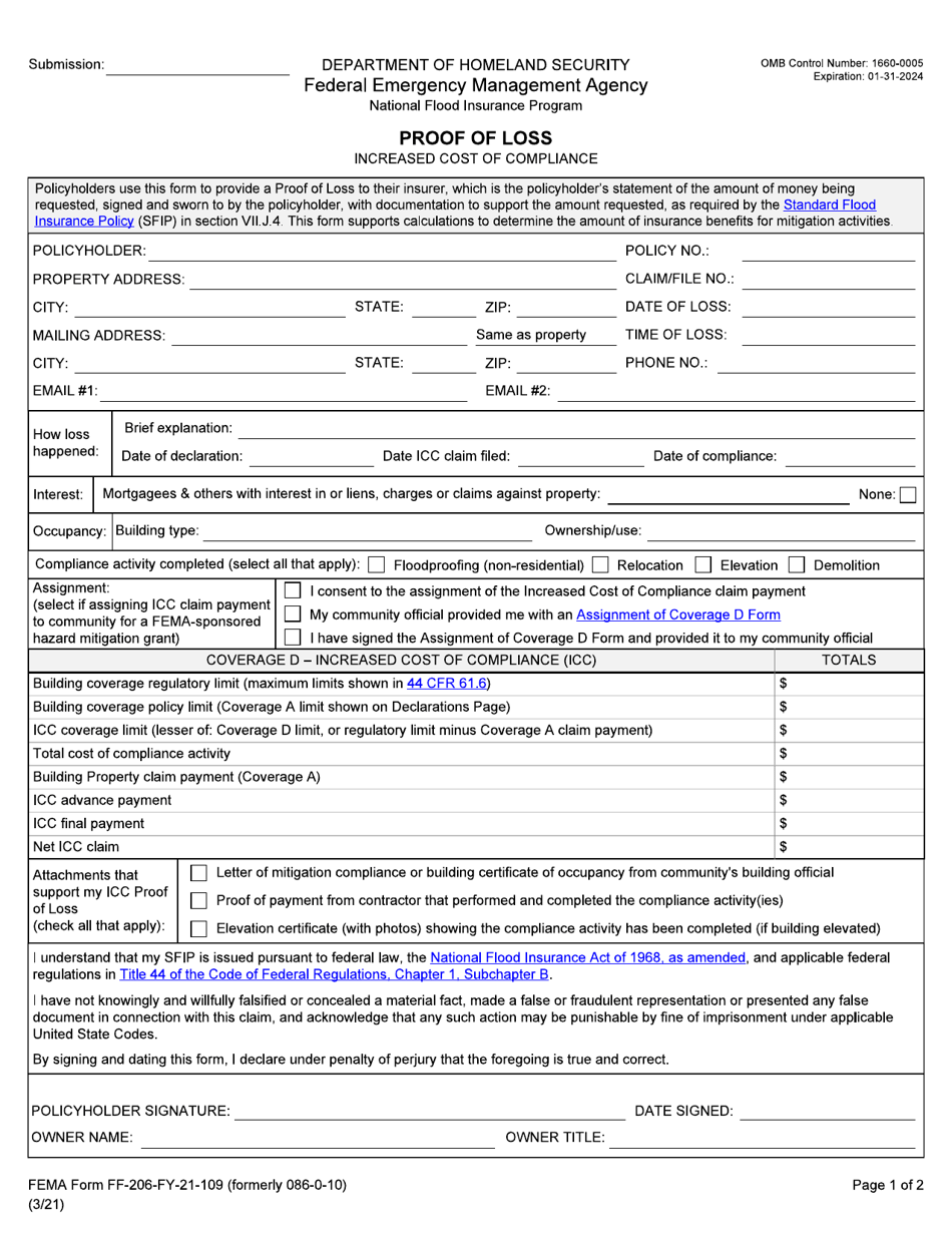 FEMA Form FF-206-FY-21-109 Proof of Loss - Increased Cost of Compliance, Page 1