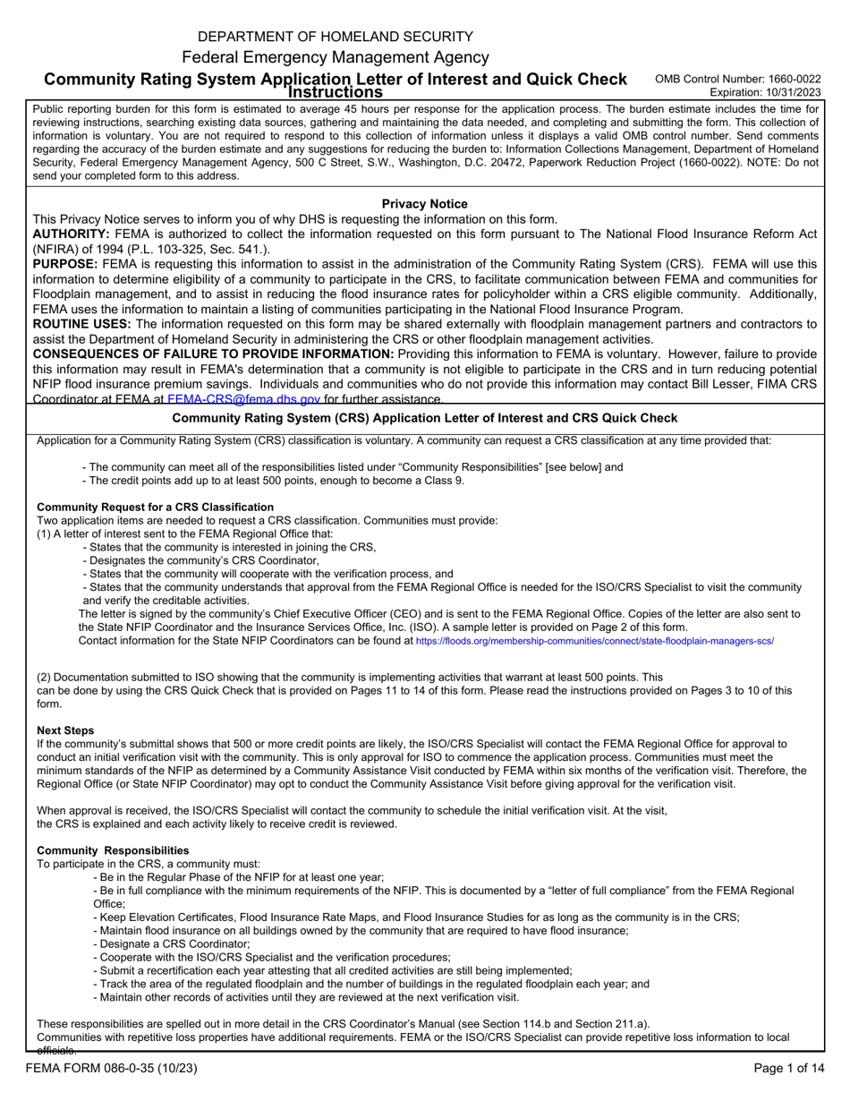 FEMA Form 086-0-35 Community Rating System Application Letter of Interest and Quick Check, Page 1