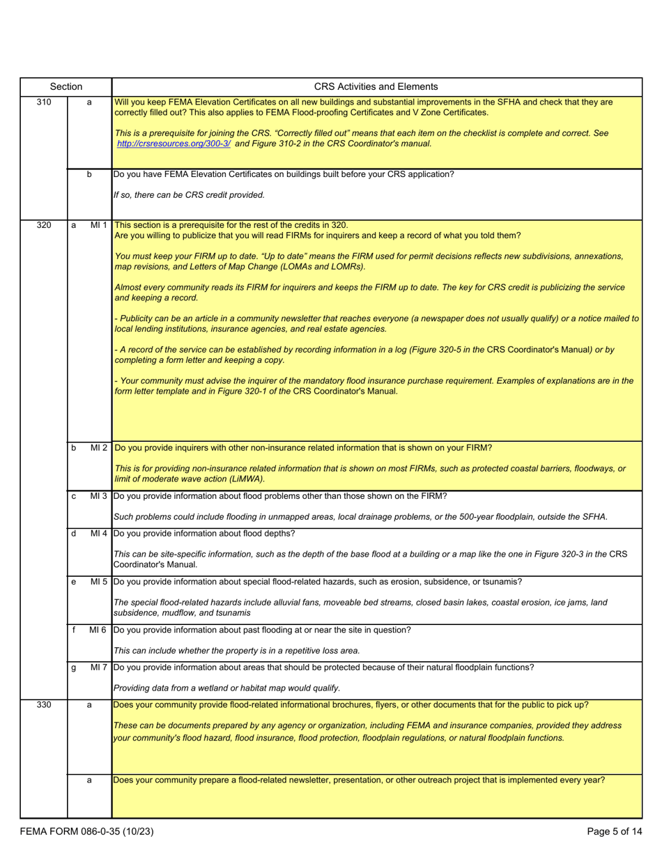 FEMA Form 086-0-35 Community Rating System Application Letter of Interest and Quick Check, Page 5