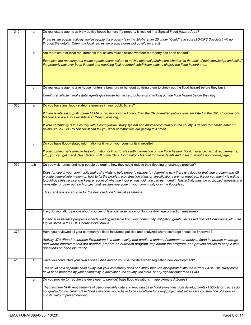 FEMA Form 086-0-35 Community Rating System Application Letter of Interest and Quick Check, Page 6
