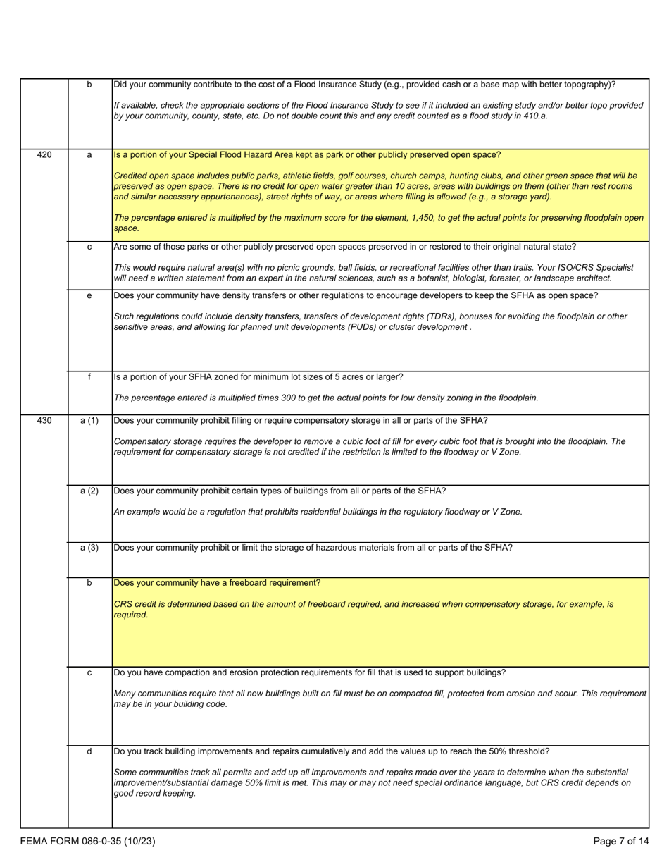 FEMA Form 086-0-35 Community Rating System Application Letter of Interest and Quick Check, Page 7