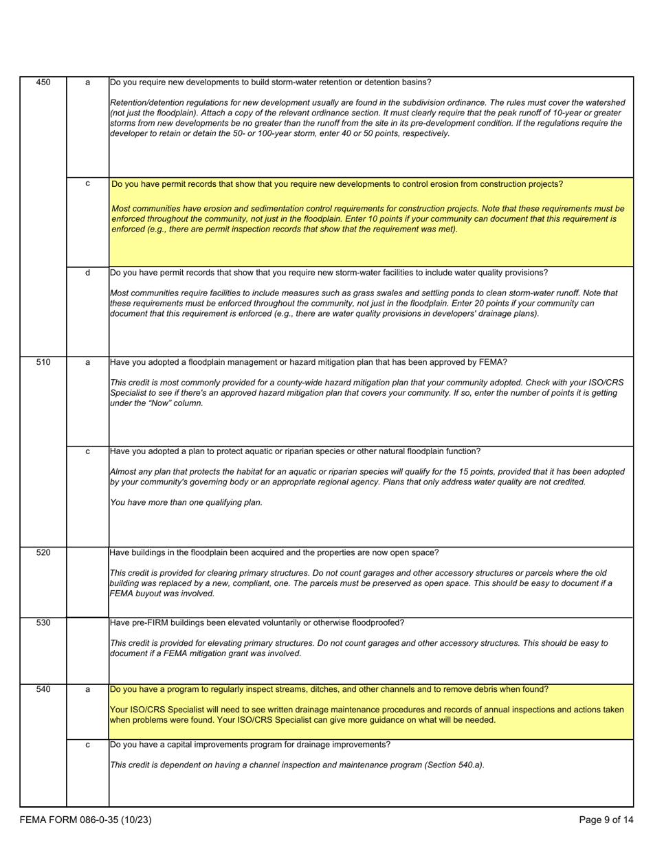 FEMA Form 086-0-35 Community Rating System Application Letter of Interest and Quick Check, Page 9