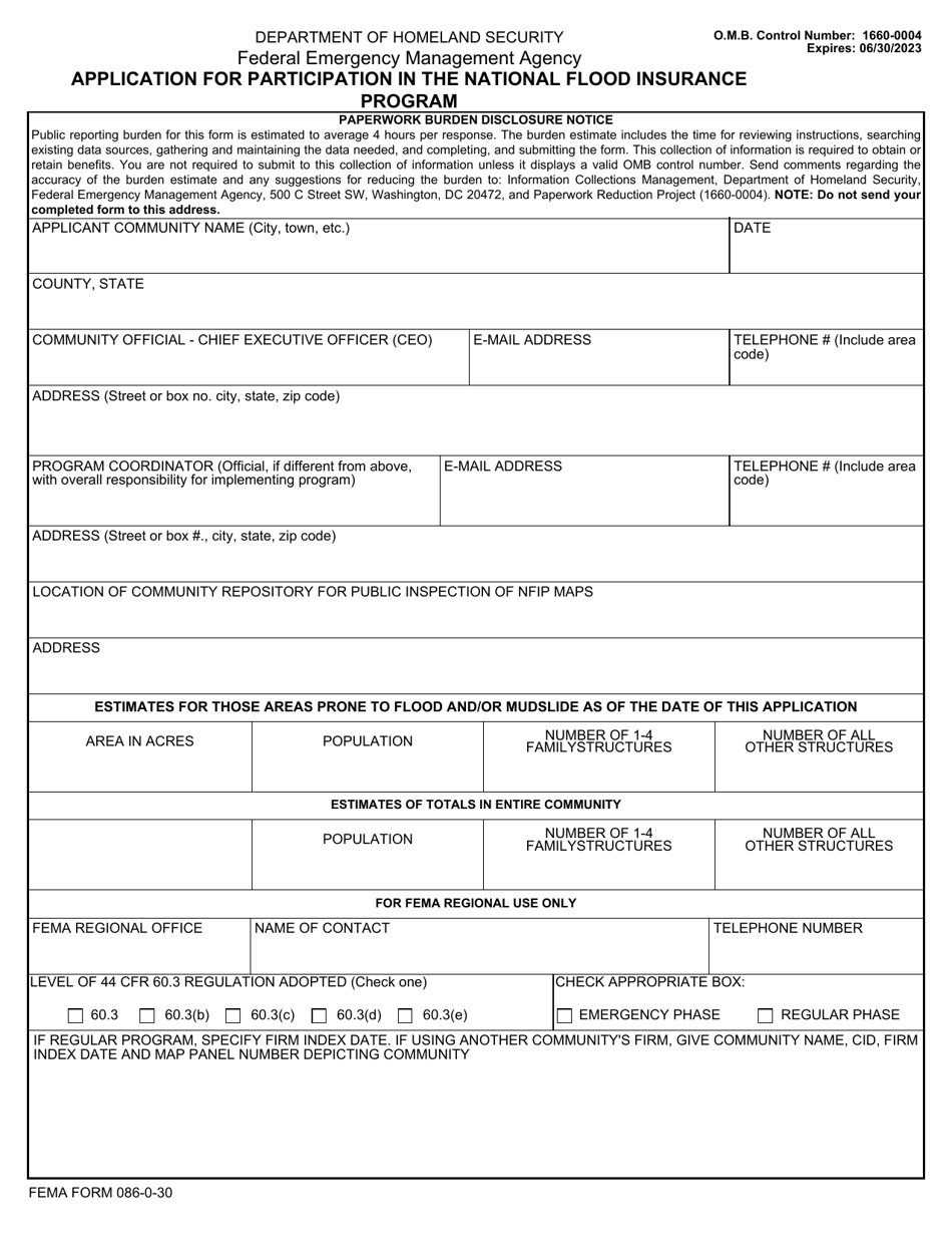 FEMA Form 086-0-30 Application for Participation in the National Flood Insurance Program, Page 1
