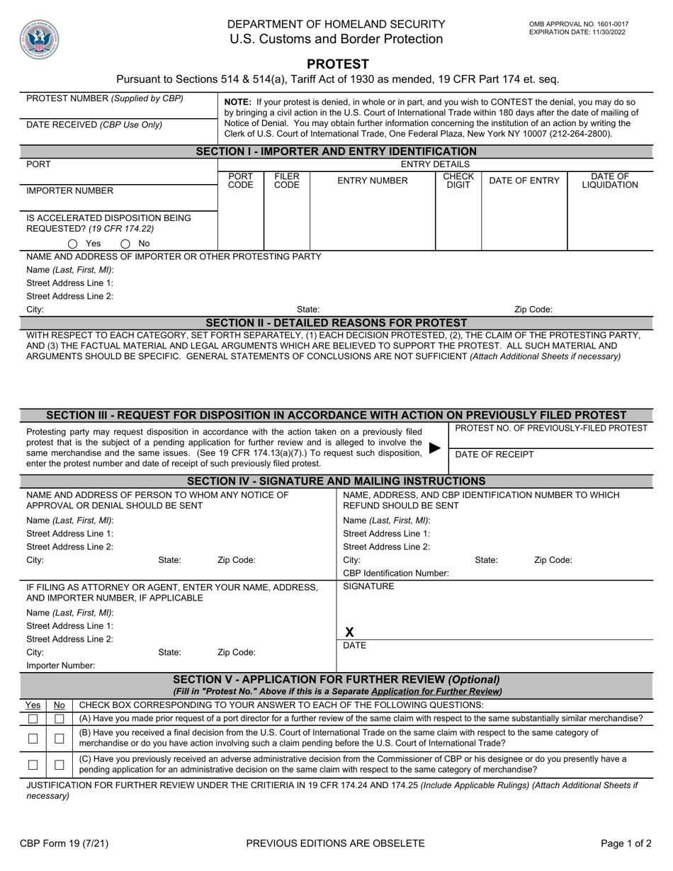 CBP Form 19 Protest, Page 1