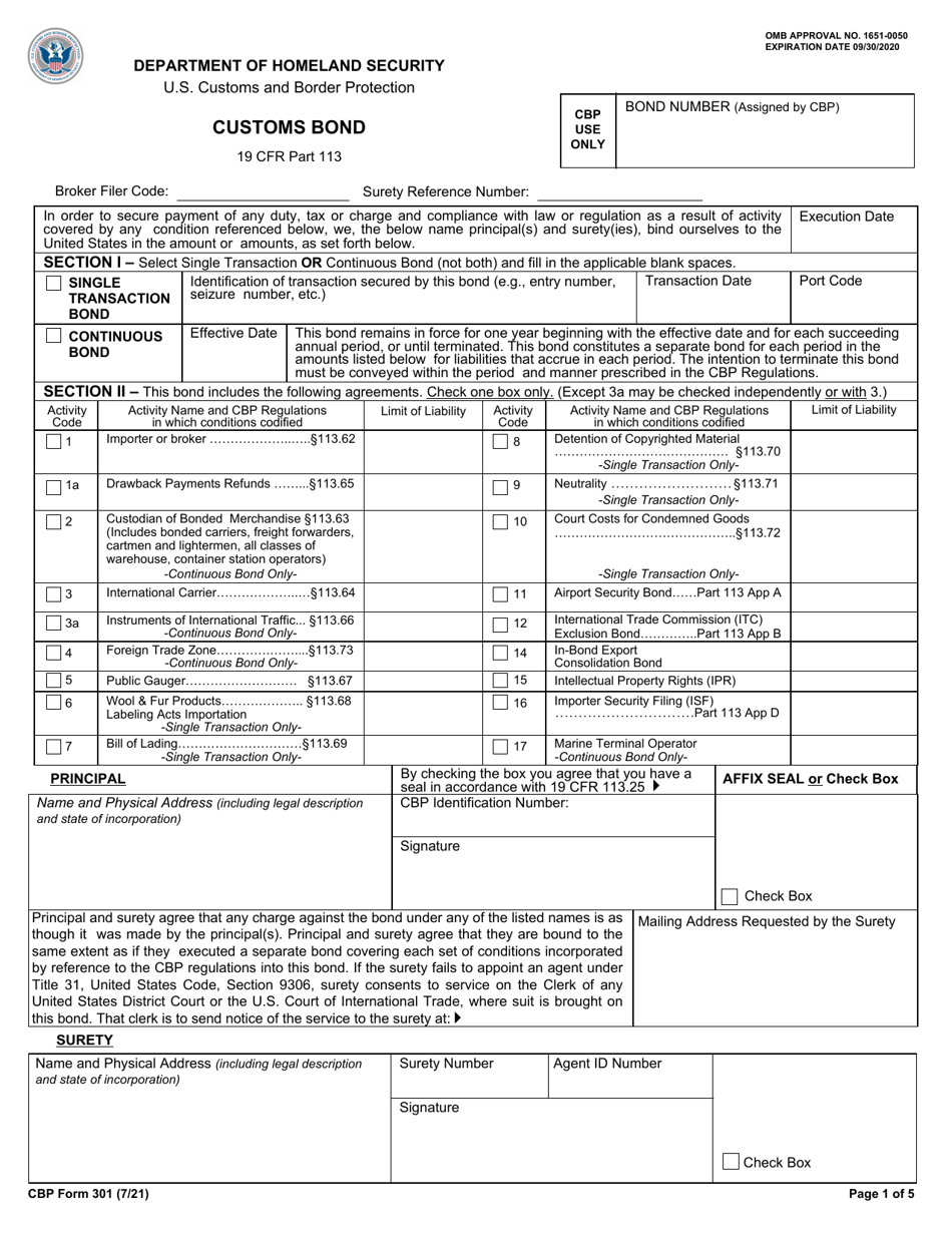CBP Form 301 Customs Bond, Page 1