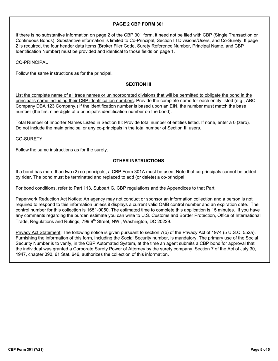 CBP Form 301 Customs Bond, Page 5