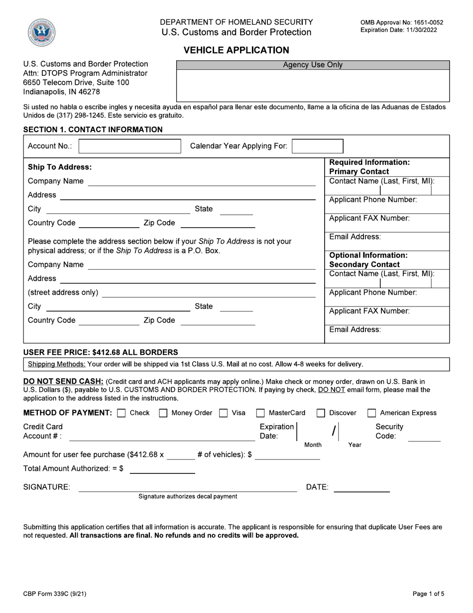 CBP Form 339C Annual User Fee Decal Request - Vehicle Application, Page 1