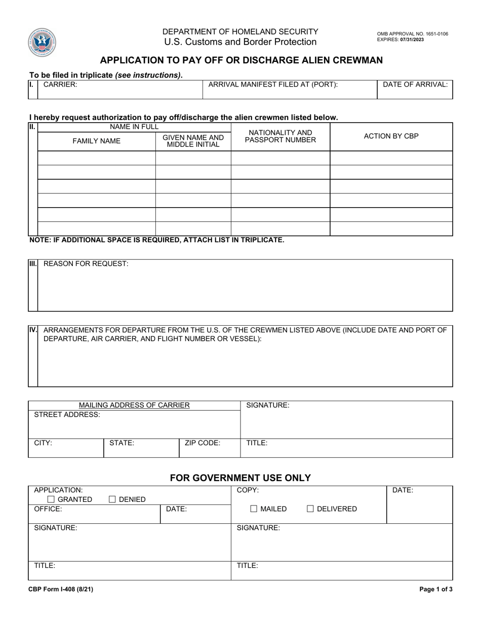 CBP Form I-408 Application to Pay off or Discharge Alien Crewman, Page 1