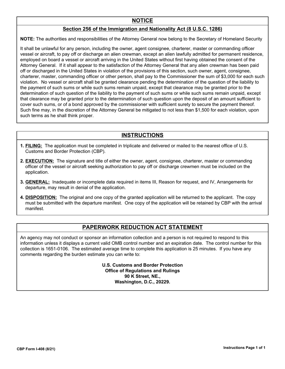 CBP Form I-408 Application to Pay off or Discharge Alien Crewman, Page 4