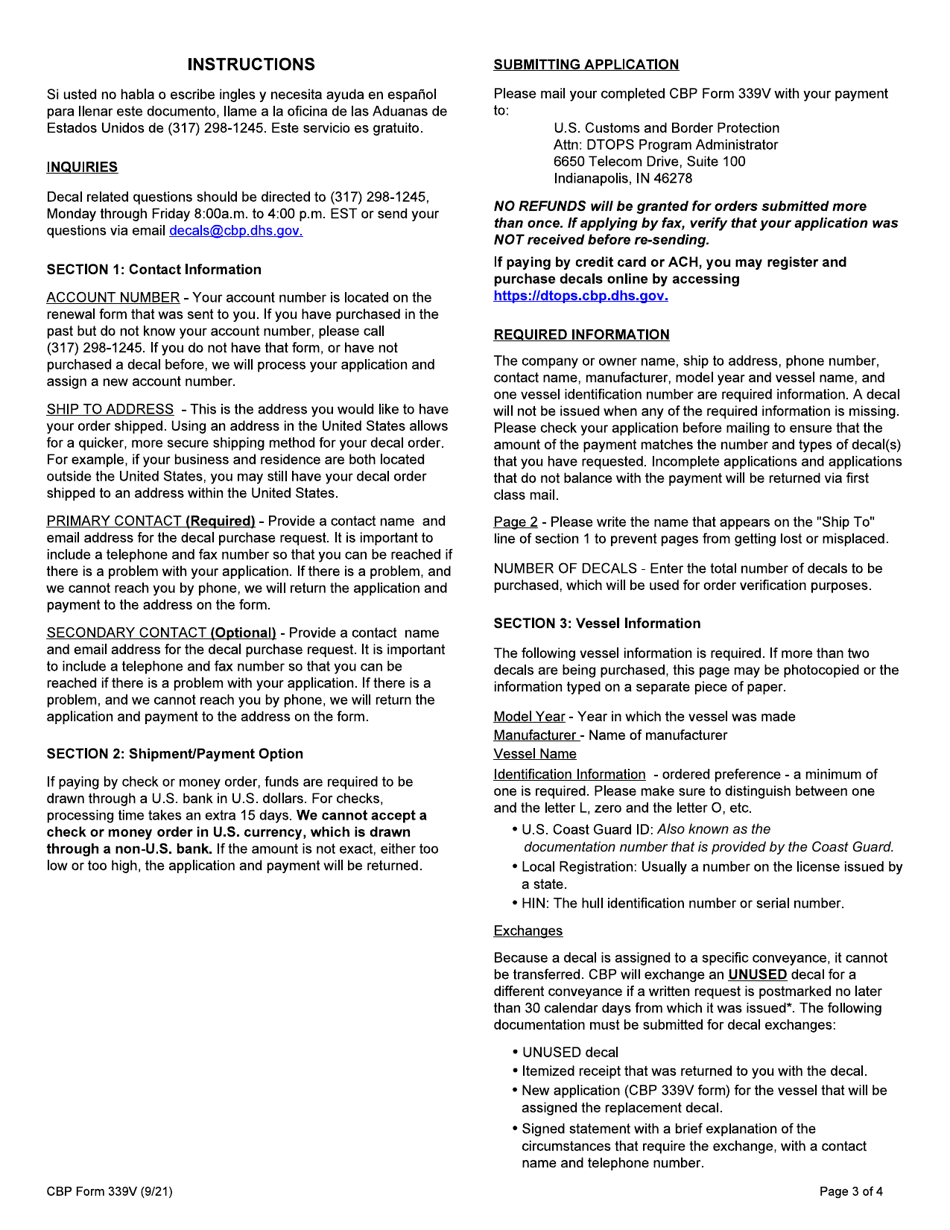 CBP Form 339V Annual User Fee Decal Request - Vessel, Page 3