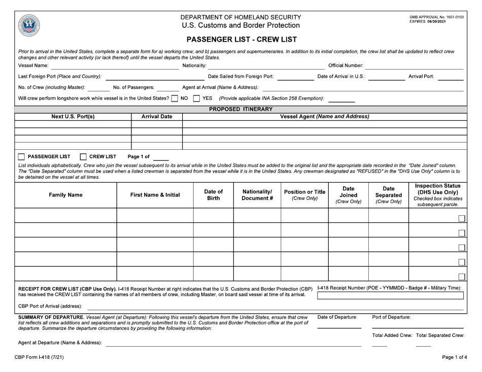 CBP Form I-418 Passenger List - Crew List, Page 1
