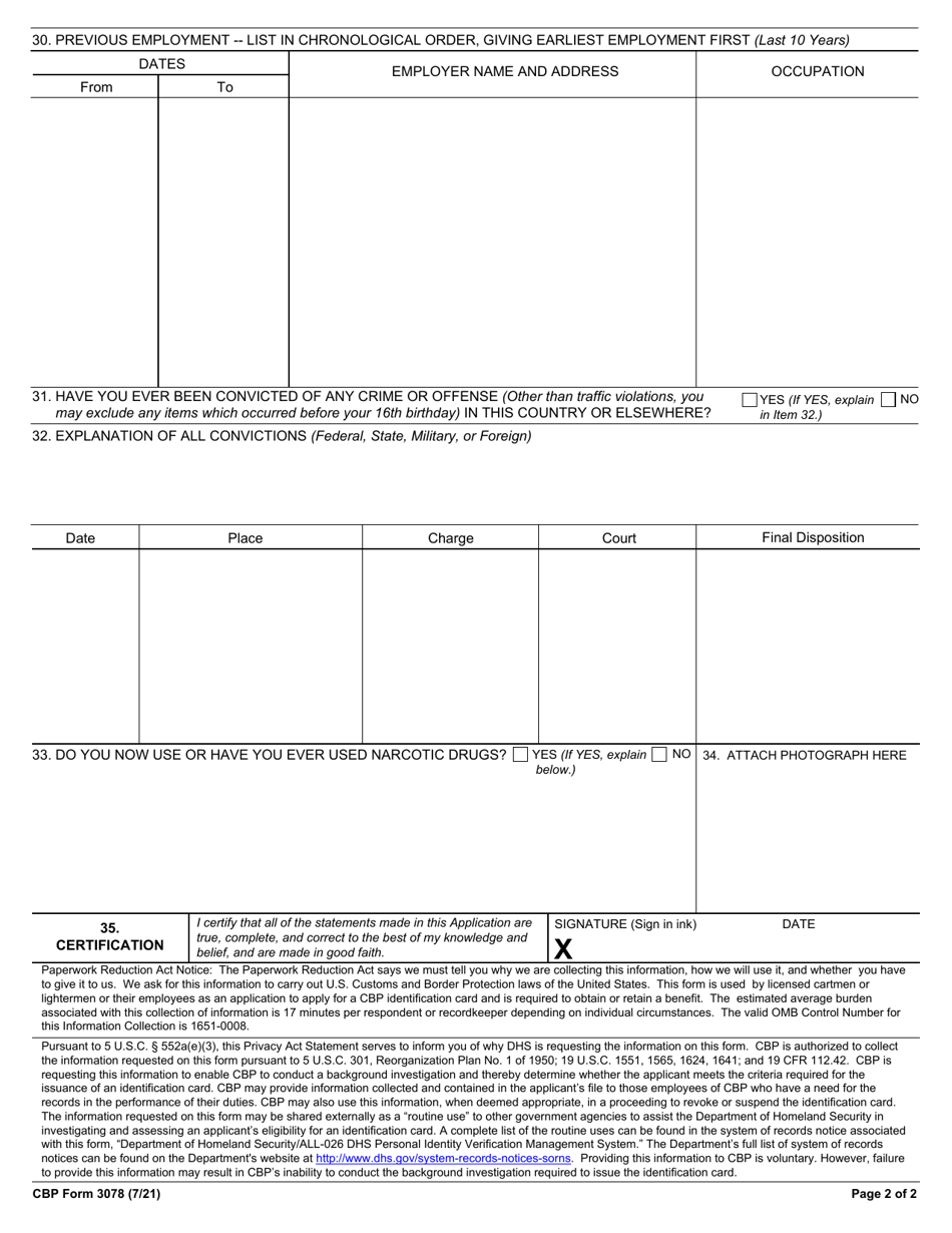 CBP Form 3078 Application for Identification Card, Page 2