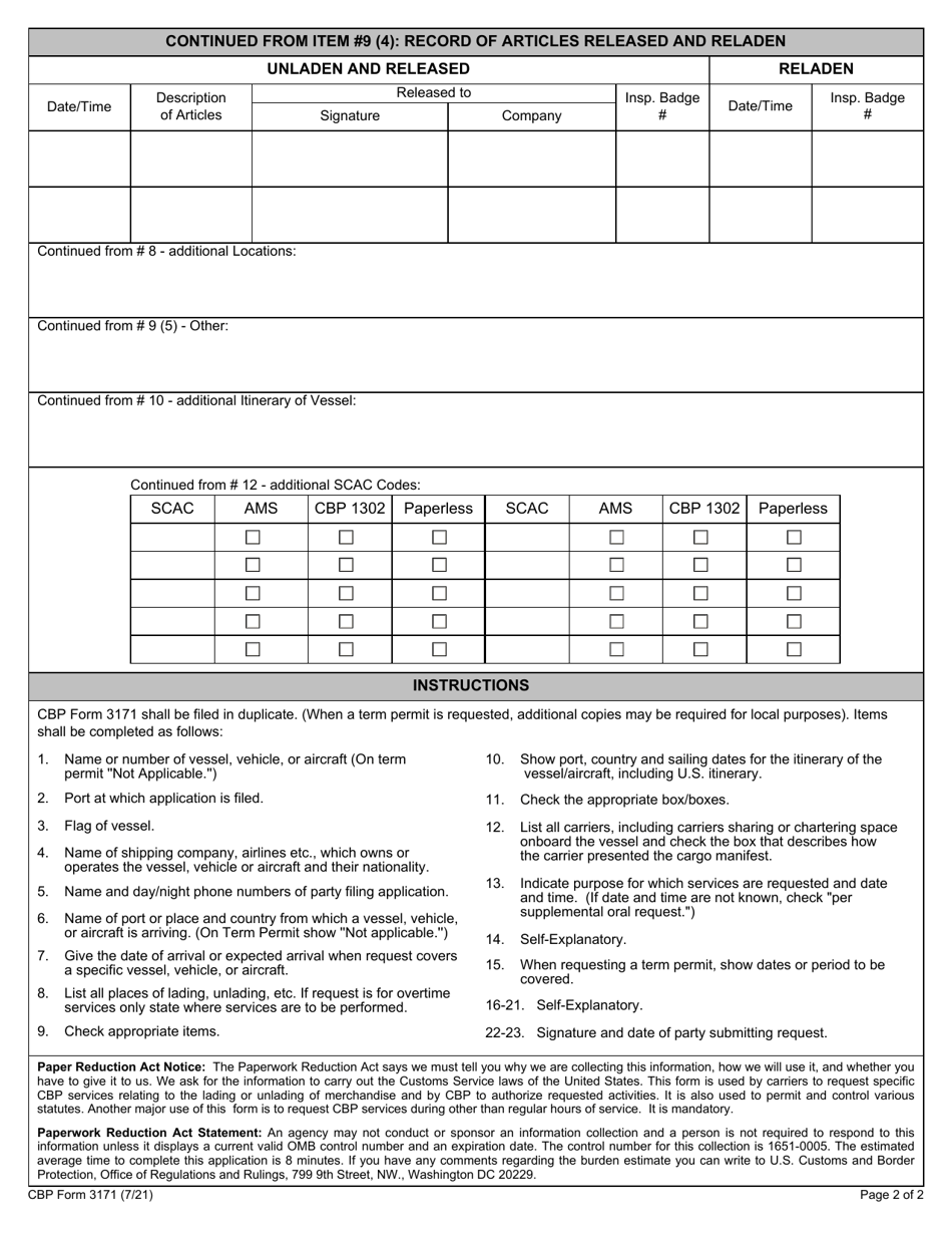 CBP Form 3171 Application-Permit-Special License Unlading-Lading-Overtime Services, Page 2