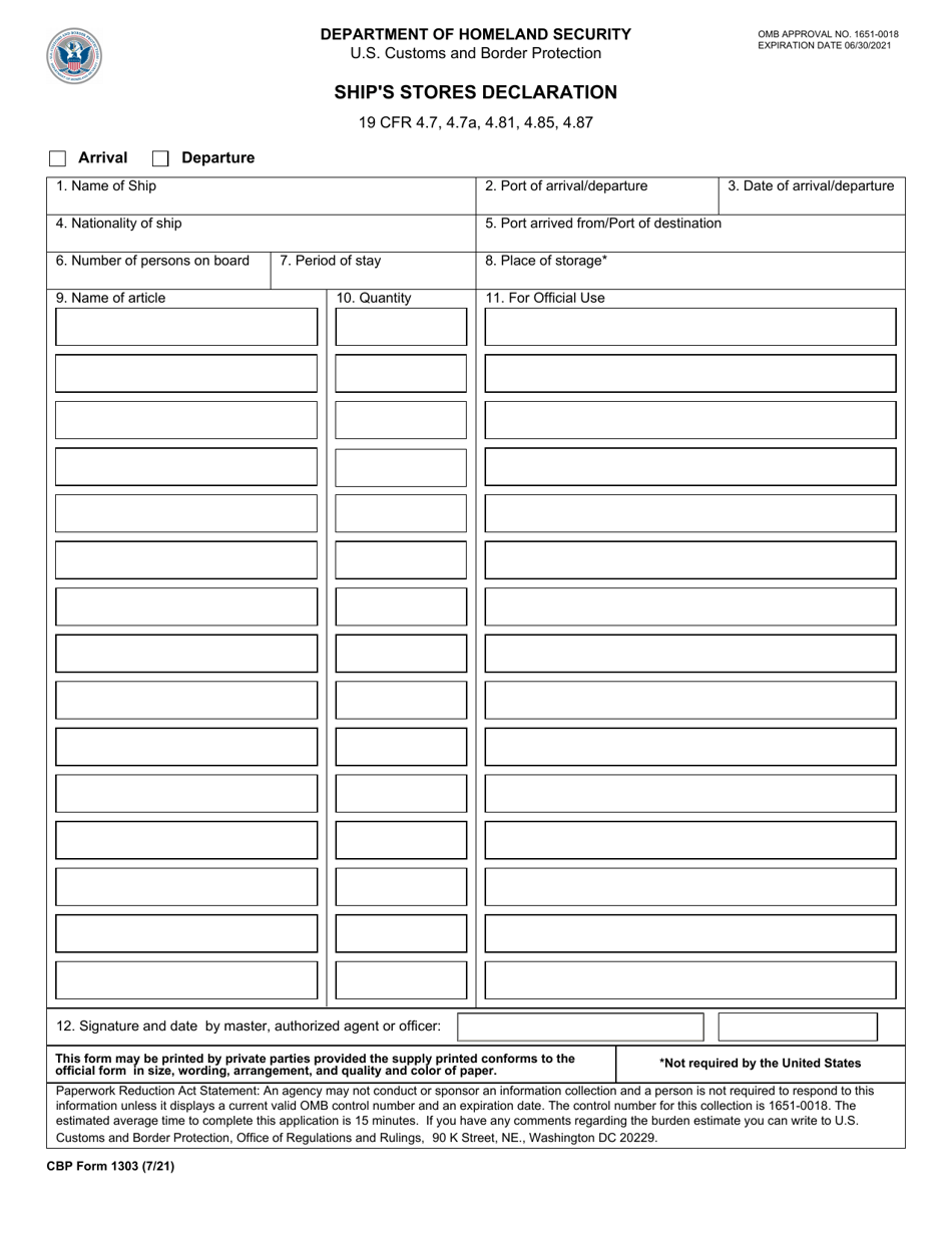 CBP Form 1303 Ships Stores Declaration, Page 1