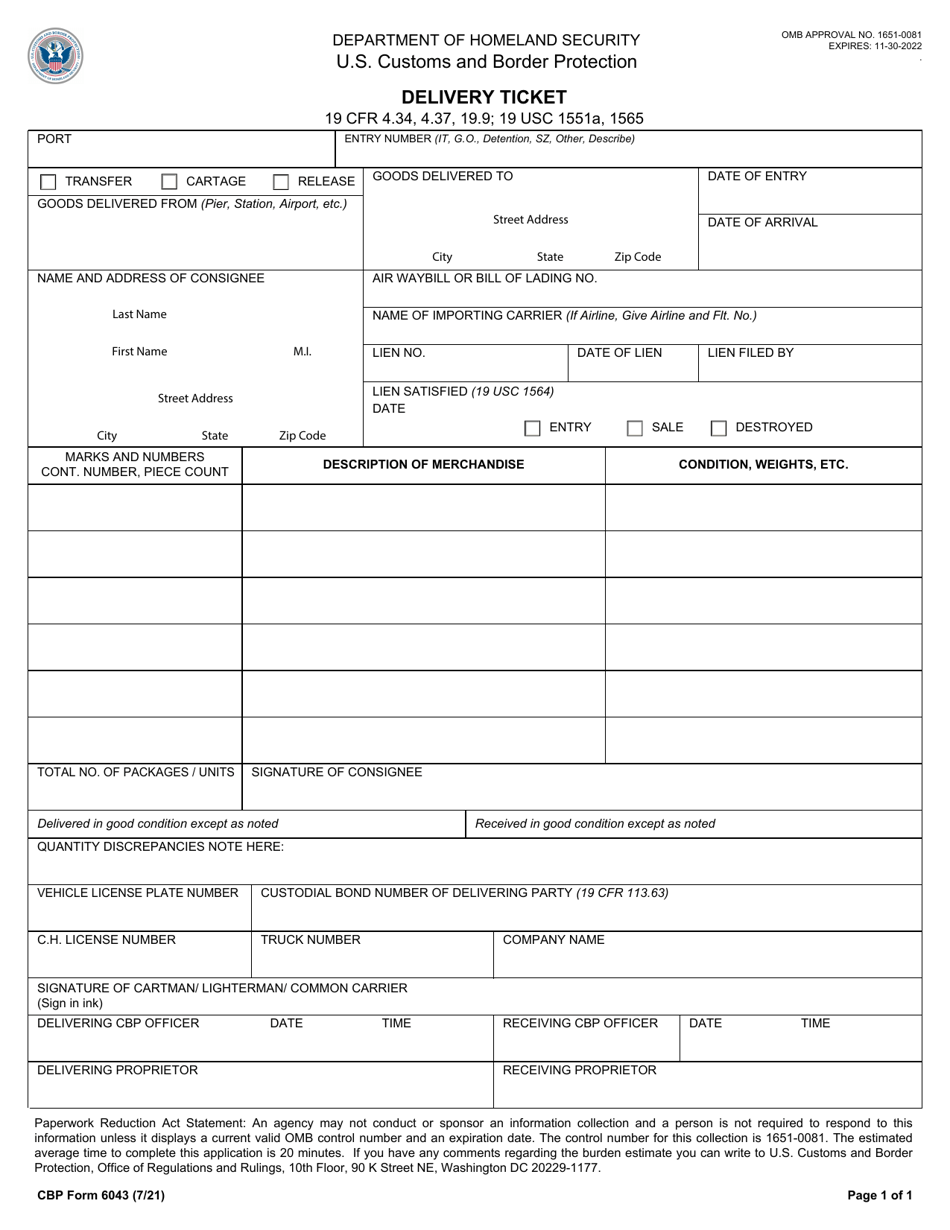 CBP Form 6043 Delivery Ticket, Page 1