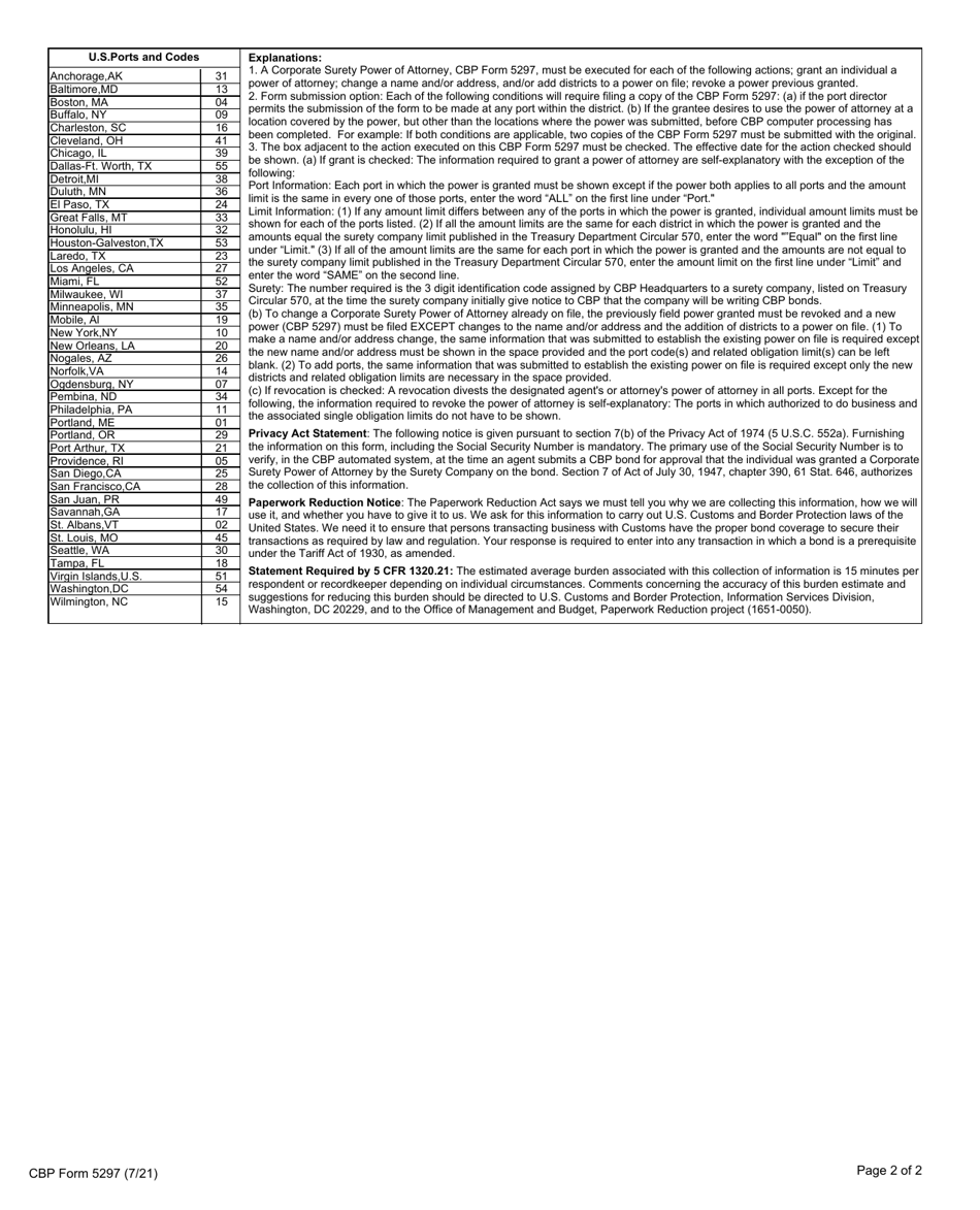 CBP Form 5297 Corporate Surety Power of Attorney, Page 2