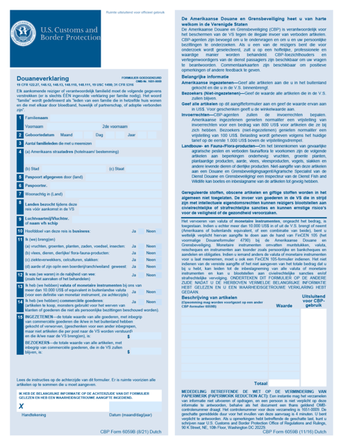 CBP Form 6059B Customs Declaration (Dutch)