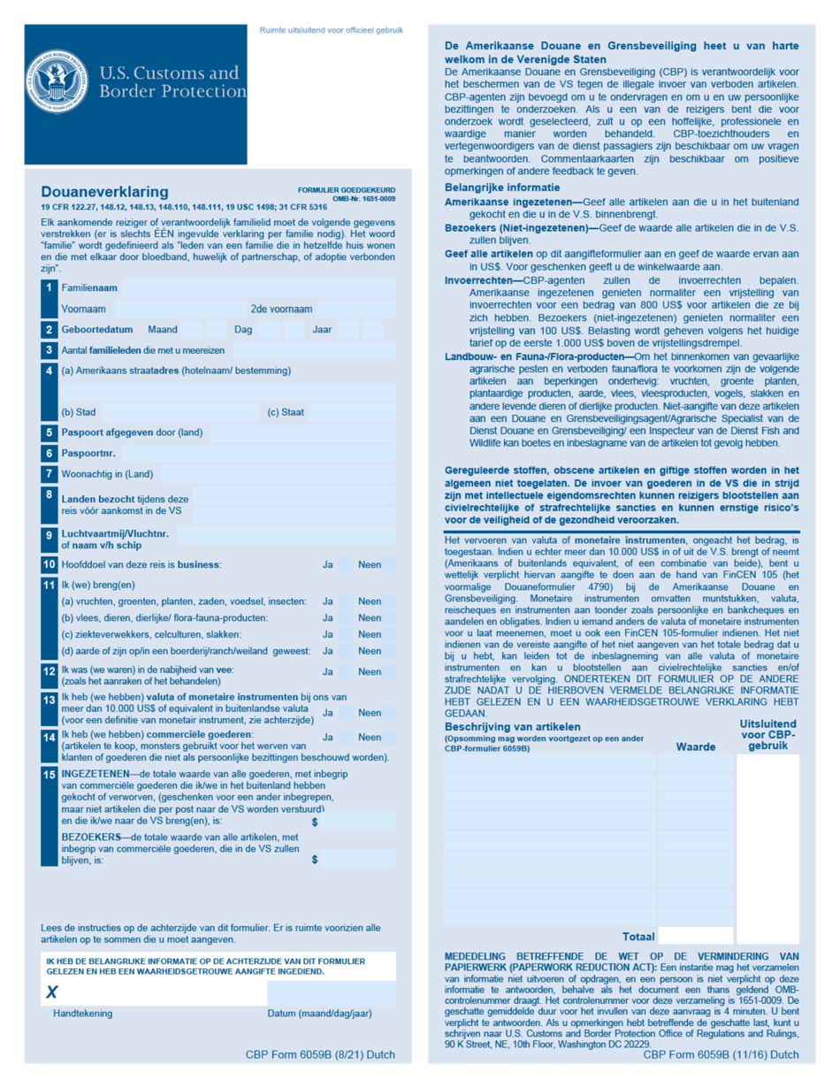 CBP Form 6059B Customs Declaration (Dutch), Page 1