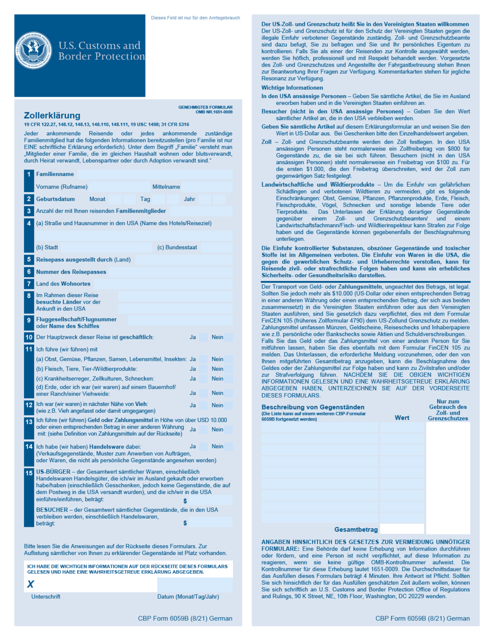 CBP Form 6059B Customs Declaration (German)