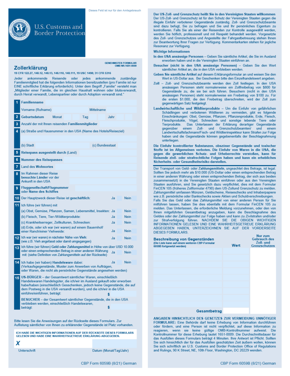 CBP Form 6059B Customs Declaration (German), Page 1