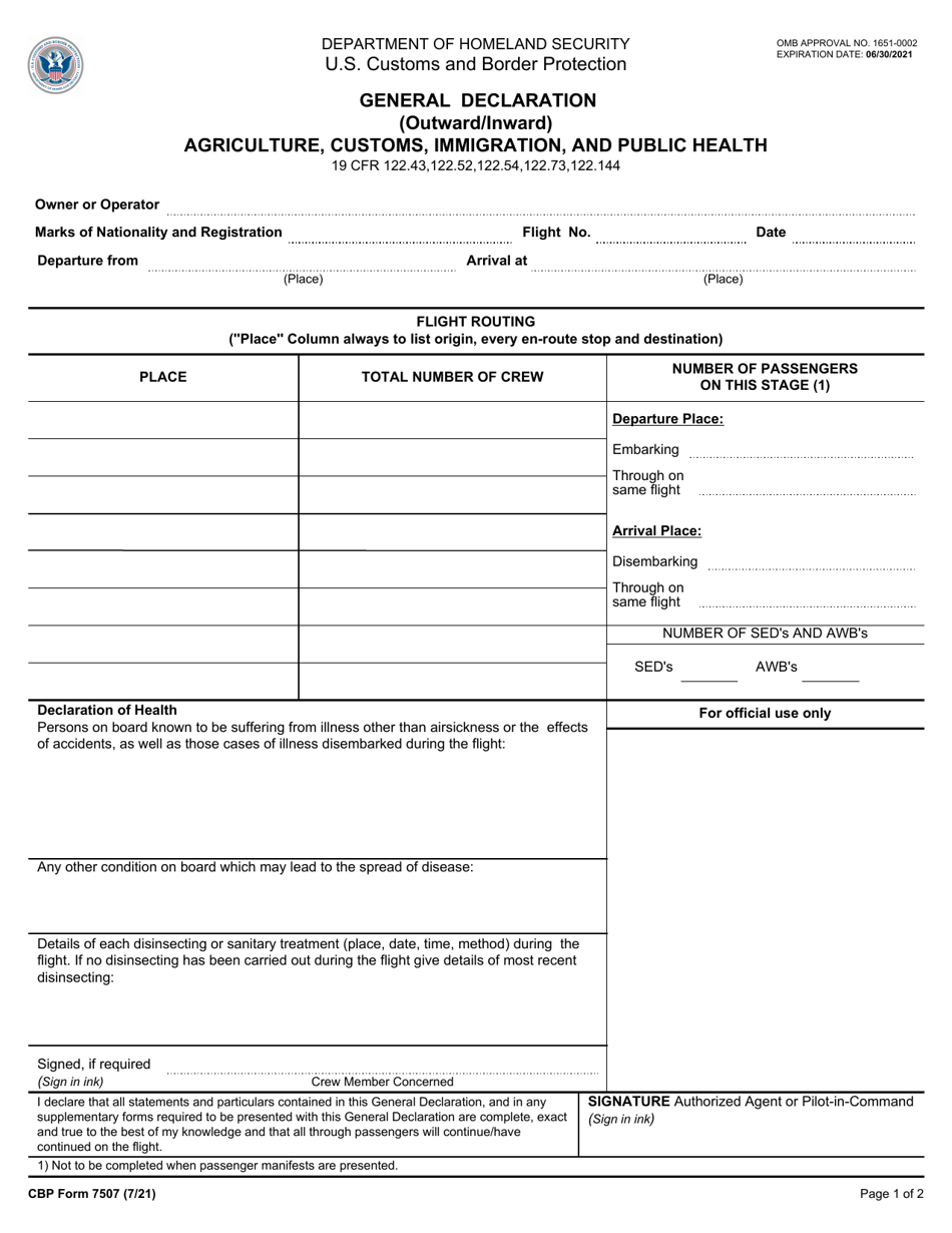 CBP Form 7507 General Declaration (Outward / Inward) Agriculture, Customs, Immigration, and Public Health, Page 1