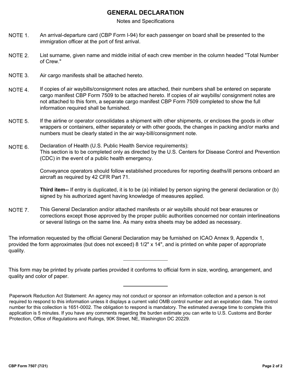 CBP Form 7507 General Declaration (Outward / Inward) Agriculture, Customs, Immigration, and Public Health, Page 2