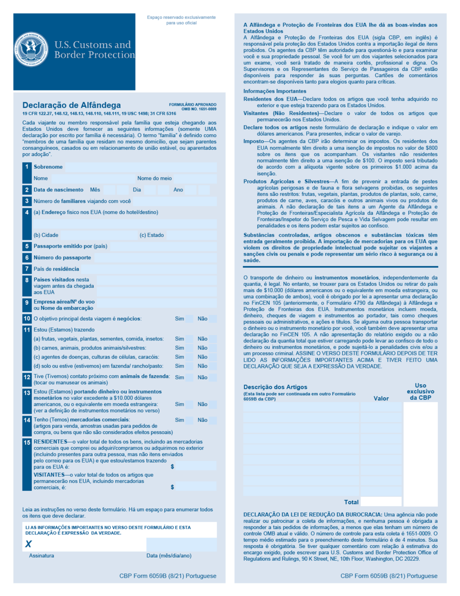 Form 6059b Customs Declaration Portuguese Fillable - Printable Forms ...