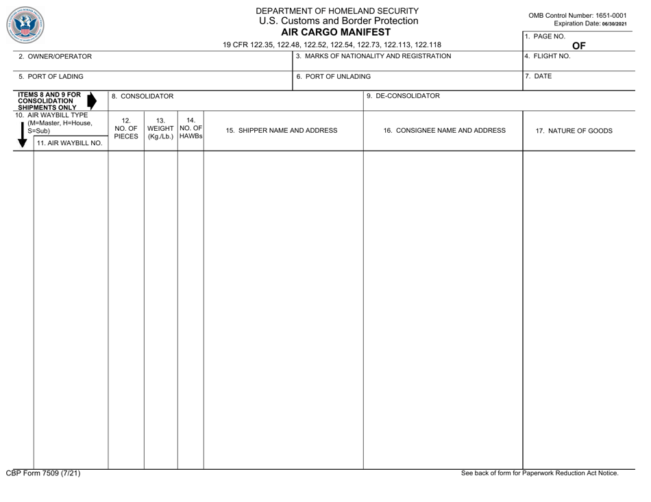 CBP Form 7509 Air Cargo Manifest, Page 1