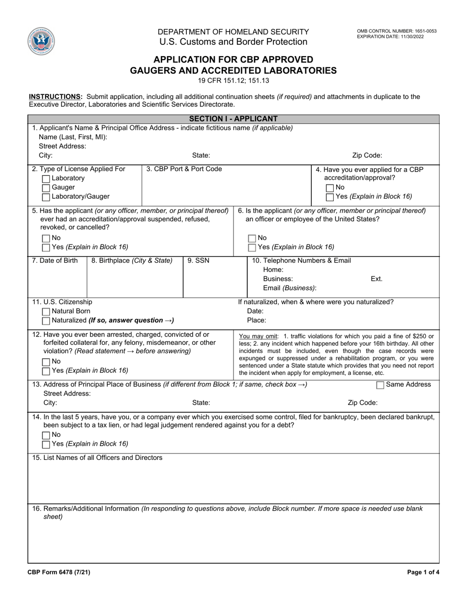 CBP Form 6478 Application for CBP Approved Gaugers and Accredited Laboratories, Page 1