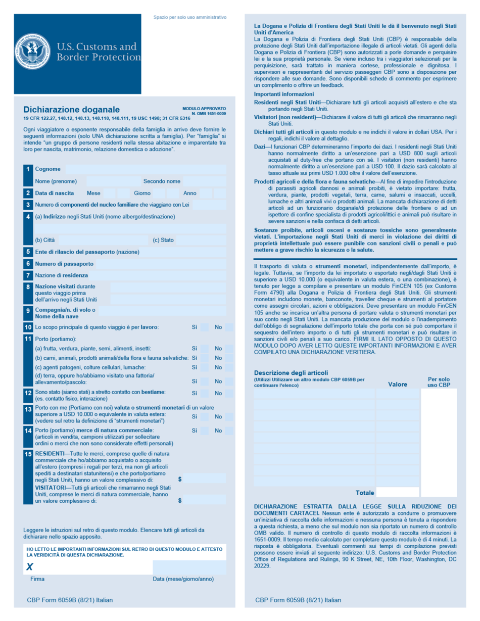 CBP Form 6059B Customs Declaration (Italian), Page 1