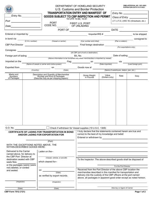 CBP Form 7512 Transportation Entry and Manifest of Goods Subject to CBP Inspection and Permit