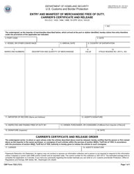 CBP Form 7523 &quot;Entry and Manifest of Merchandise Free of Duty, Carrier's Certificate and Release&quot;